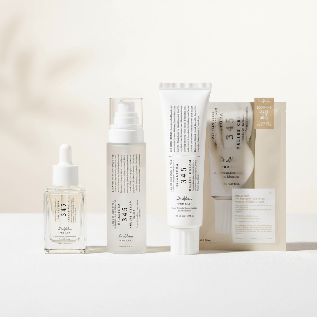 Kit 345 Relief Dr. Althea - sérum, cream mist, mascarilla y crema de pie sobre fondo blanco, estética editorial premium